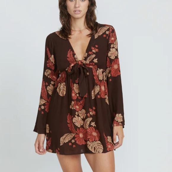 Volcom Over The Sea Dark Chocolate Floral Long Sleeve mini Dress large 10 - Picture 4 of 9